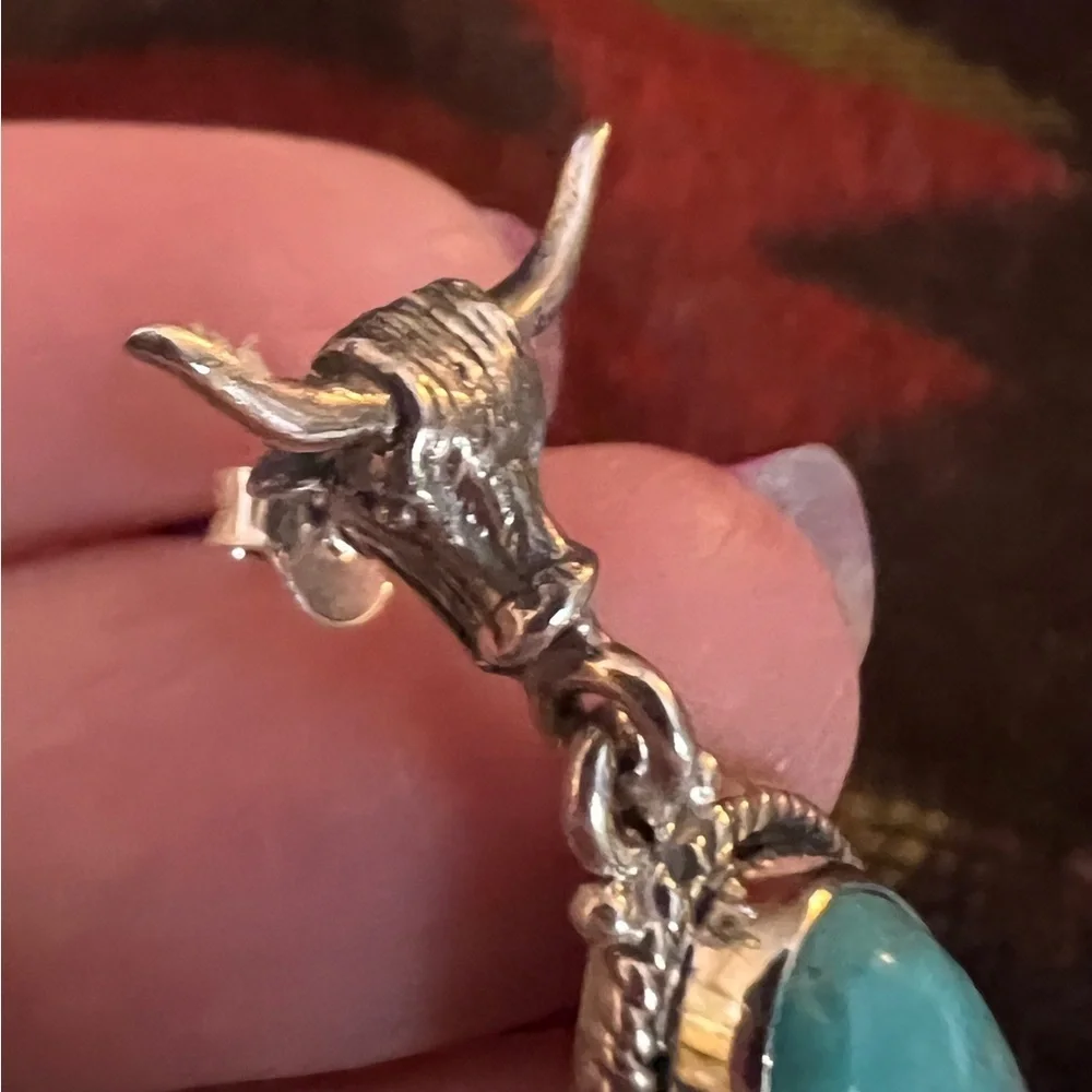 ❤️ Bull’s Head Mohave Turquoise Navajo Sterling 1.45”L Statement Earrings 12.9gm